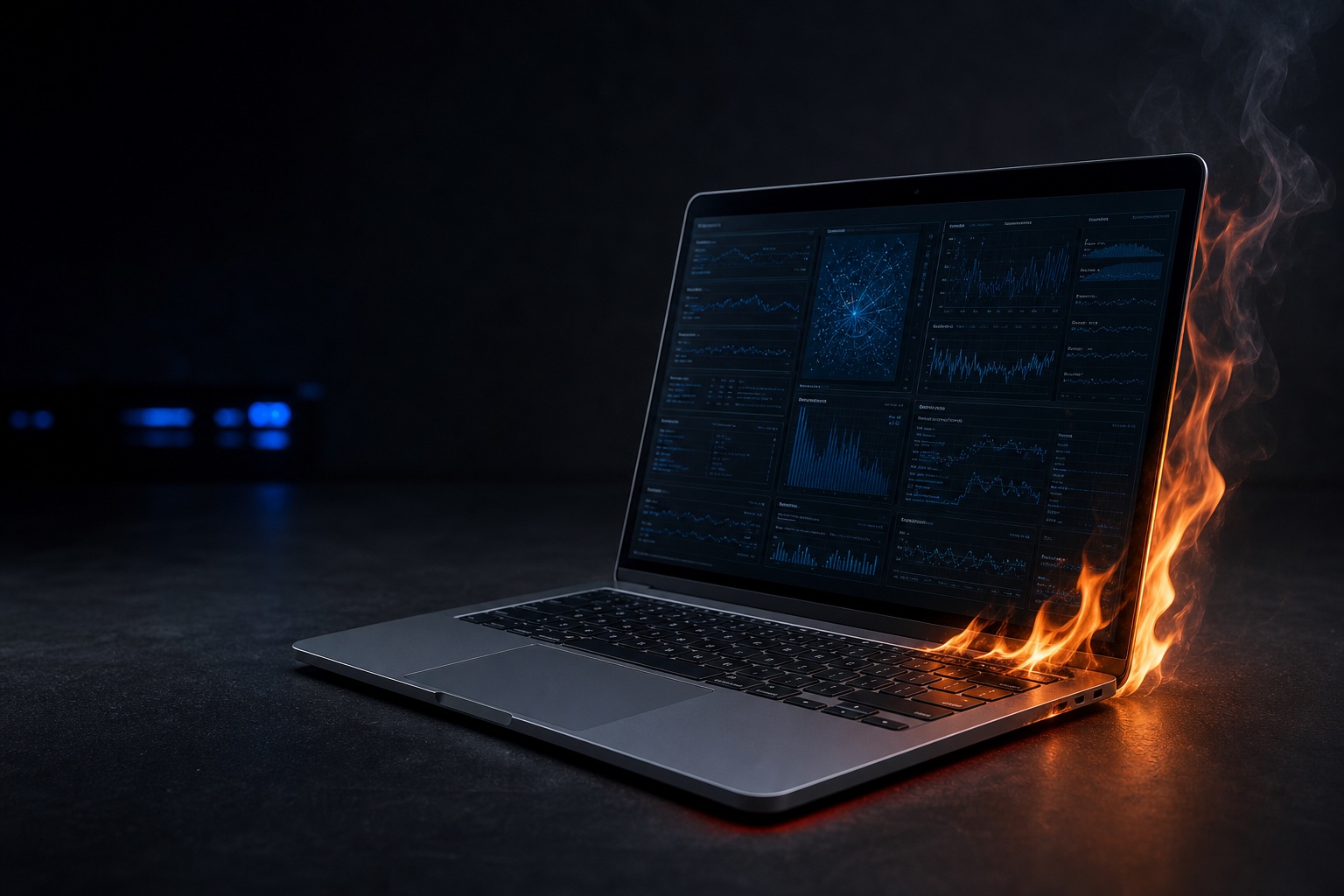 Перегретый MacBook Air 13 с контролируемым пламенем на краю клавиатуры